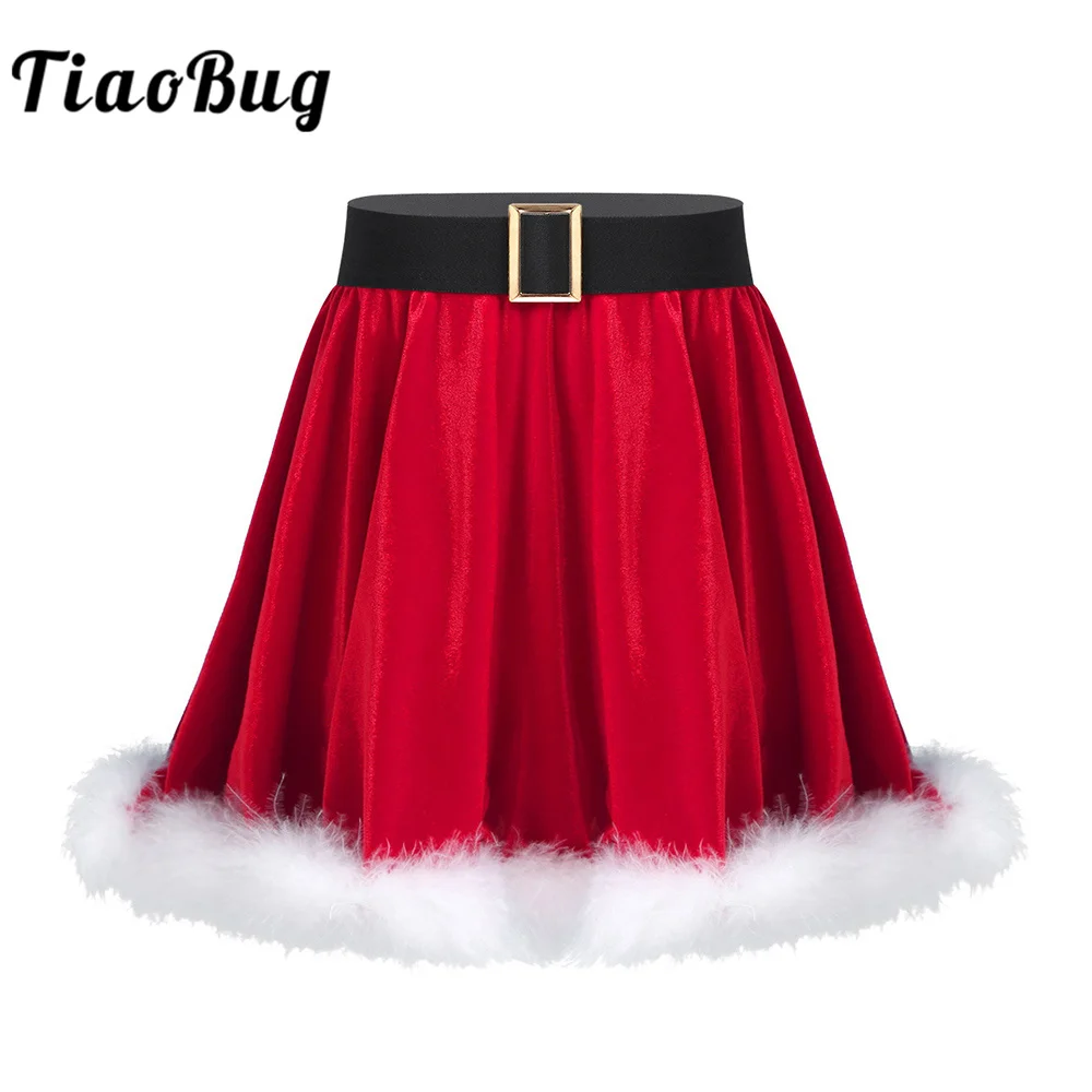 เด็กหญิงซานต้าคริสมาสต์แสดงชุดกระโปรงกำมะหยี่สีแดง Feather Trim Mrs Claus ชุดแฟนซีเต้นรำกระโปรง Xmas Party เสื้อผ้า