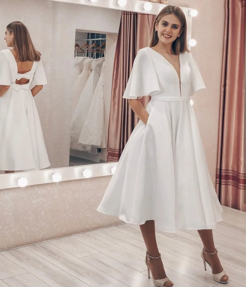 Vestido de noiva 2021, vestido de casamento simples com laço nas costas, elegante, gola em v, sem mangas, encantador