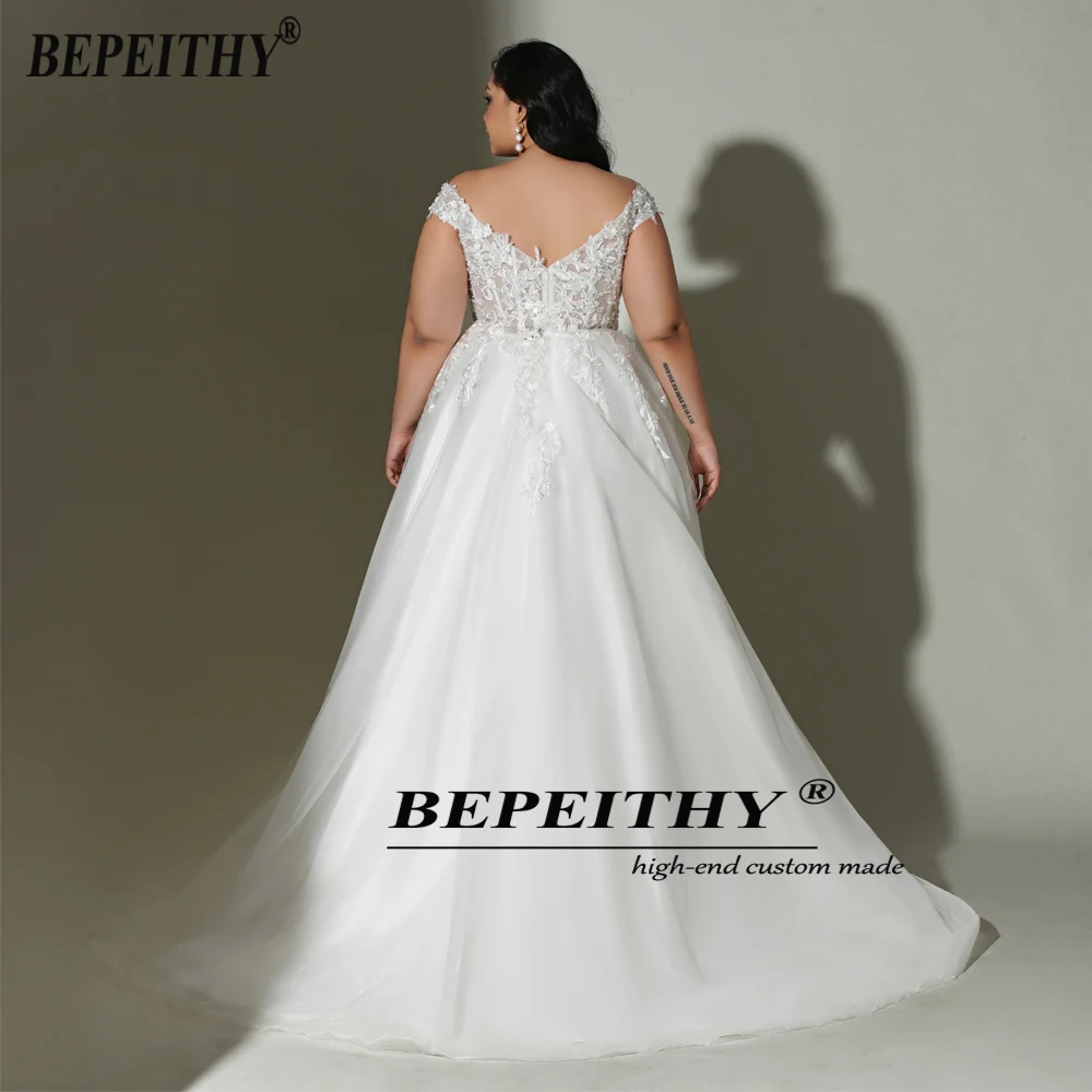 BEPEITHY Customized Off The Shoulder Ivory Plus Size Wedding Dress Sweep Train Sweetheart Lace Bridal Gown 2022 For Curve Women