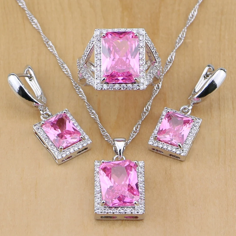 

Squrae Pink Cubic Zirconia 925 Sterling Silver Jewelry Sets For Women Earrings/Pendant/Necklace/Ring Free Shipping&Gifts Box