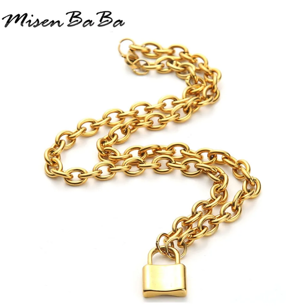

MisenBaBa Stainless Steel Chunky Chain Lock Pendant Necklaces For Woman Padlock Choker Hip Hop Jewelry Gifts