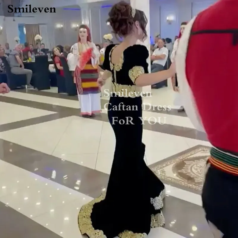 Smileven Burgundy โมร็อกโก Caftan ชุดราตรีแขนสั้น Glod ลูกไม้ Mermaid Prom Gowns ด้านข้างแยกอย่างเป็นทางการ Evening Party Dress