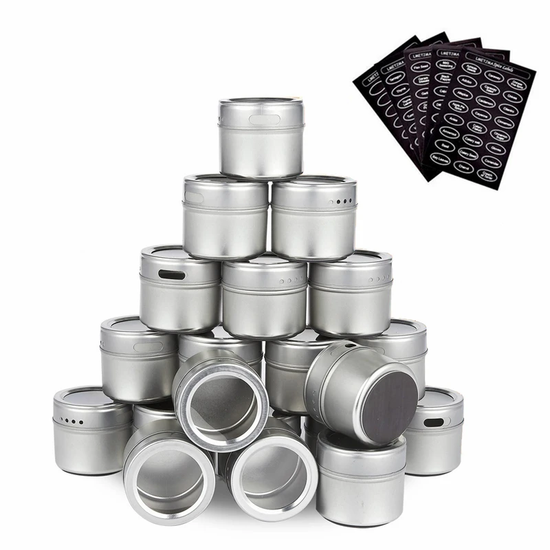 

LMETJMA Magnetic Spice Tins Stainless Steel Spice Jar Set With Stickers Pepper Shakers Salt Pepper Set Seasoning Sprays KC0017