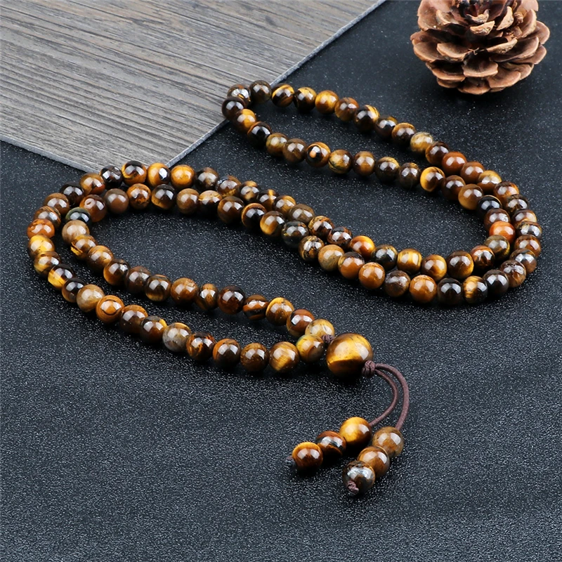 Charm Tiger Eye Stone Bracelets 6mm 108 Prayer Beads Necklace Mala Fashion Jewelry Buddhist Lucky Bangle Gift for Men Women Yoga