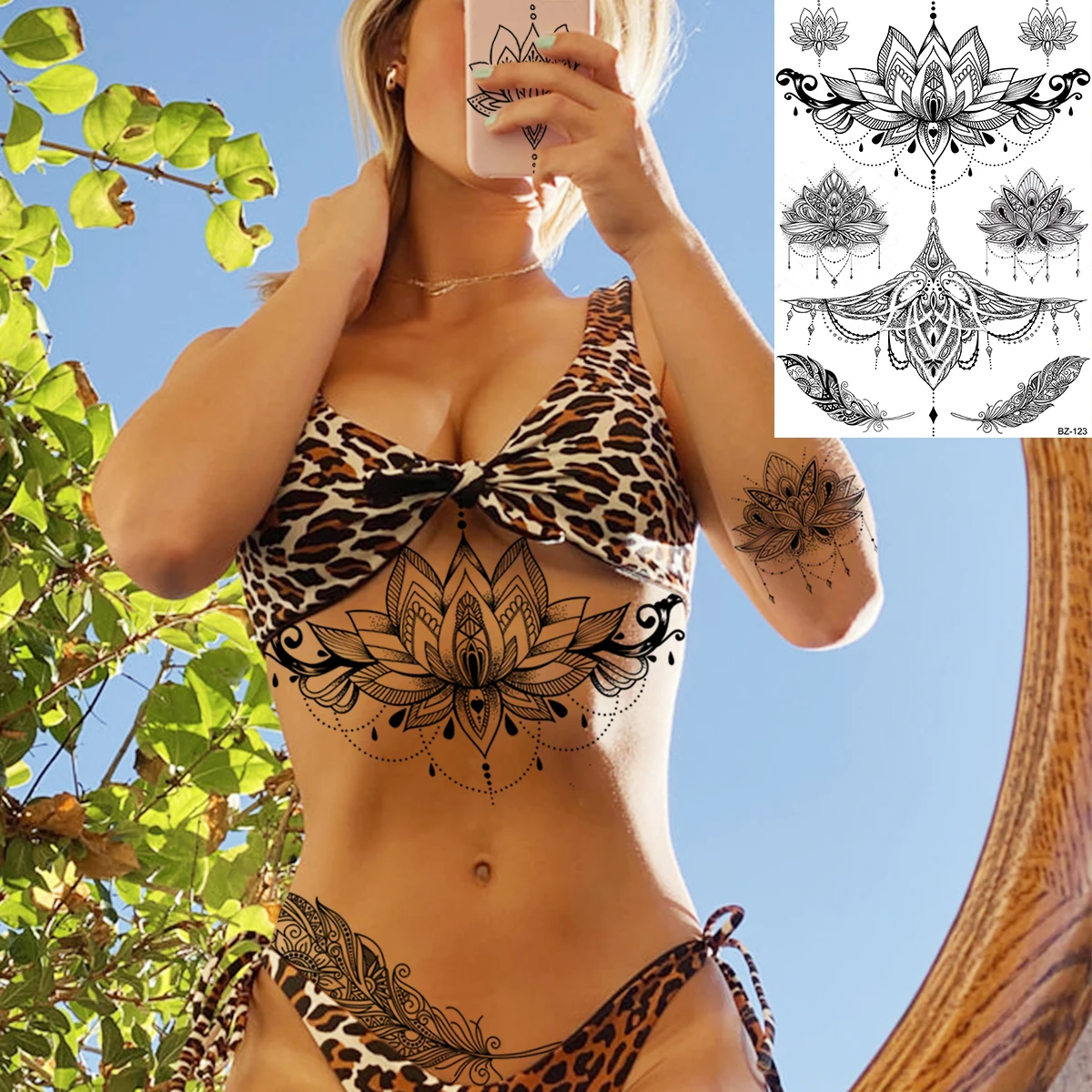 Black Henna Lotus Pendant Temporary Tattoos For Women Adult DreamCatcher Elephant Fake Tattoo Body Art Underboob Tatoos