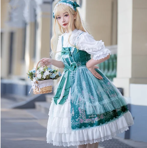 Vintage elegante süße lolita kleid spitze bowknot hohe taille druck strickjacke viktorianischen kleid kawaii mädchen gothic lolita jsk loli