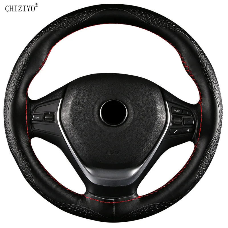 Genuine Leather Car Steering Wheel Cover Fashion Embossed Cowhide Steering-wheel Wrap Braid With Needle Thread 38cm