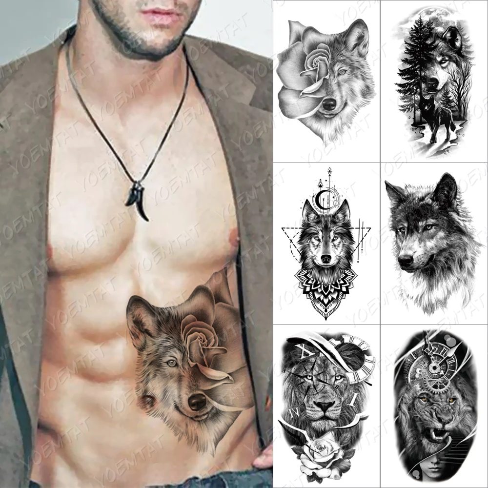 Black Forest Wolf Moon Temporary Tattoo Sticker For Men Women Lion Tiger Fox Waterproof Fake Henna Skull Animal Body Art Tatoo