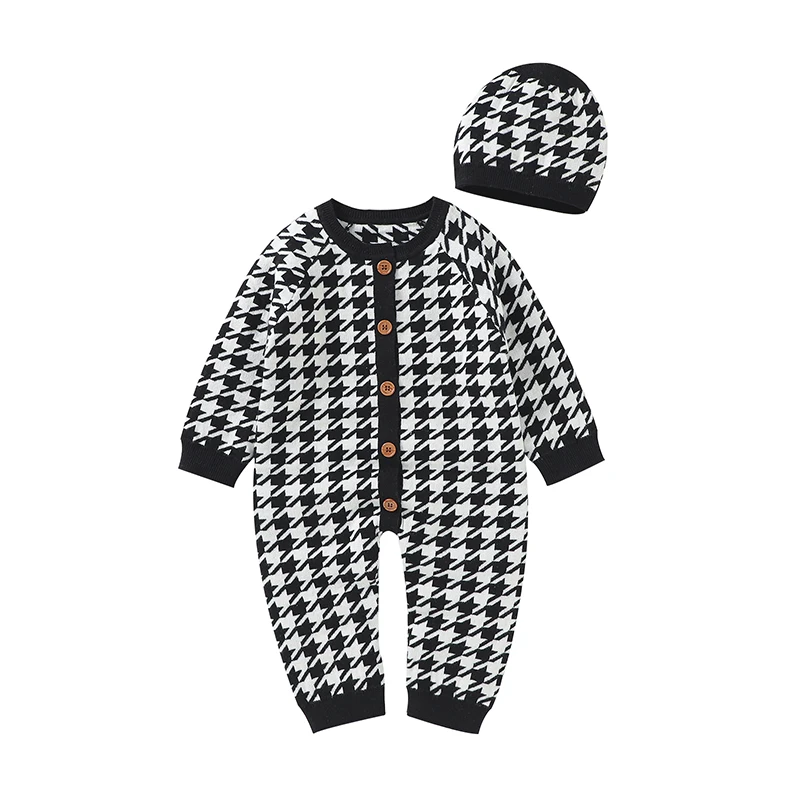 Newborn Baby Romper Cotton Knitted Infant Girls Playsuit Hat 2PCS Toddler Boys Kids Clothing Long Sleeve Autumn  Houndstooth Set