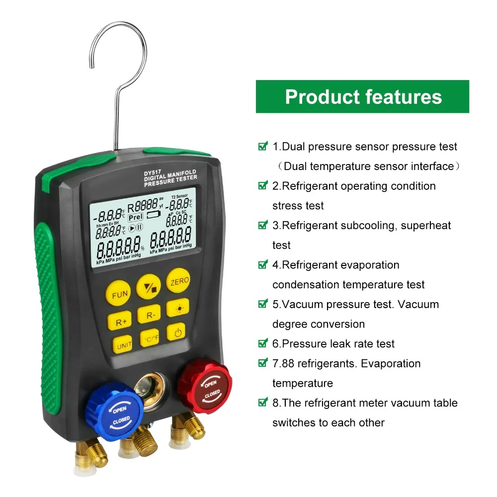 DUOYI Refrigeration Digital Manifold Pressure Gauge Set Vacuum Pressure Meter Testing HVAC Temperature Tester DY517 PK TESTO 550