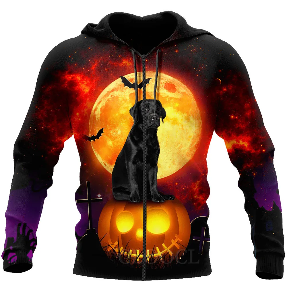 

CLOOCL Halloween Zip Hoodies Graphic Labrador Rottweiler French Bulldog Print Hoodie Animal Festival Theme Pocket Hooded