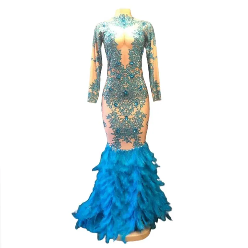 Feminino nova pena azul brilhante strass estiramento vestido longo palco outfit aniversário celebrar vestidos palco noite roupas