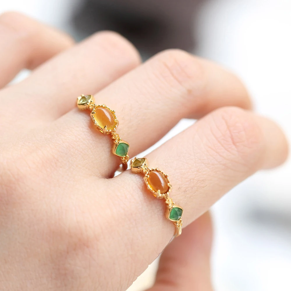 LAMOON Vintage Gemstone Rings Natural Amber Ring For Women Citrine Peridot 925 Sterling Silver K Gold Plated Brithday Gift