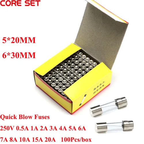 Tubo de seguro de soplado rápido, fusible de soplado rápido de vidrio de 5x20MM, 5x20, 6x30, 6x30MM, 5x20, 100 V, 0.5A, 1A, 2A, 3A, 4A, 5A, 6A, 7A, 8A, 10A, 15A, 20A, 250 unidades