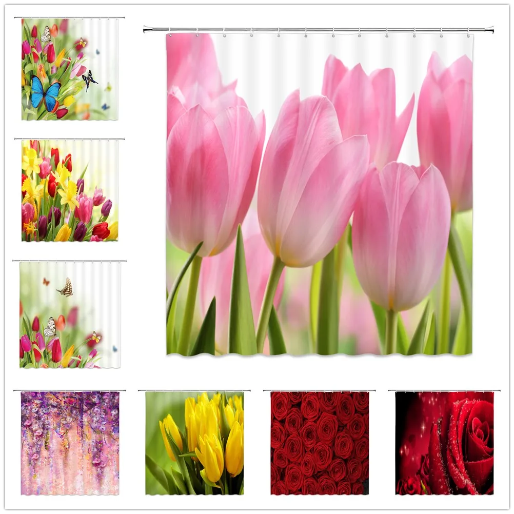 Spring Flower Butterfly Shower Curtains Set Colorful Floral Plant Tulip Rose Daisy Pattern Print Bathroom Decor Polyester Fabric