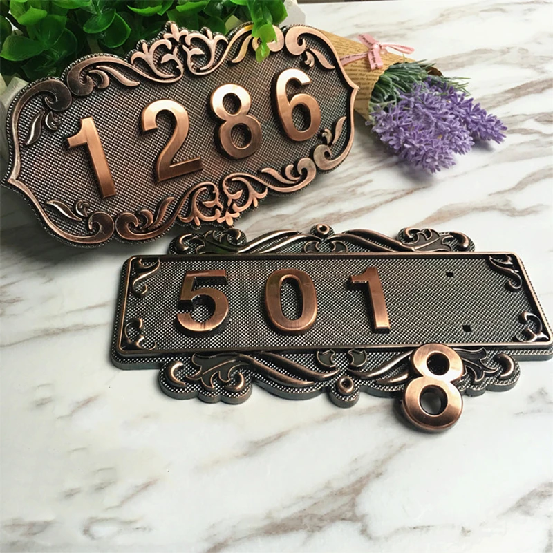 Imitation Metal Bronze House Number ABS Plastic Door Plate Custom Sign Door Number Sticker For Hotel Apartment Villa Door Plate