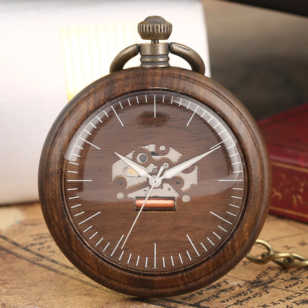 Royal Watch Vintage Wooden Round Dial luminous pointers Quartz Pocket Watch Woody Unique Watches 30cm Chain Clock for Men Women