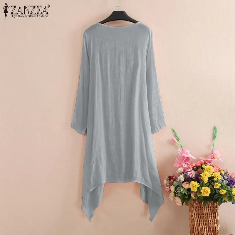 Women\'s Summer Blouse Cover Up ZANZEA Elegant Solid Cardigans Casual Long Sleeve Irregular Tops Beach Kimono