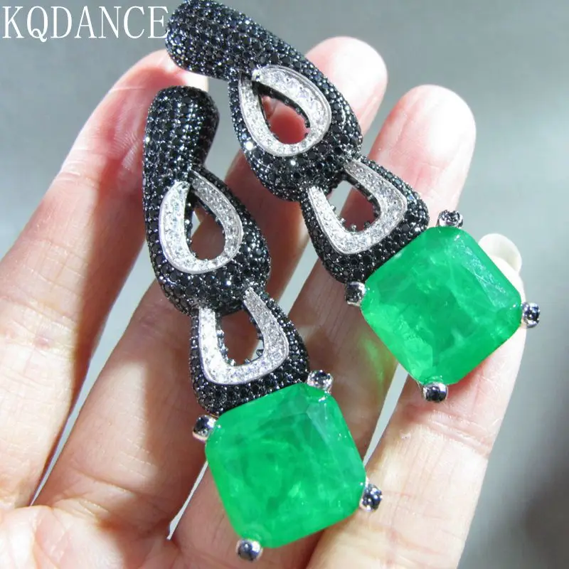 KQDANCE Luxury 15mm Artificial Light Yellow Moissante Diamond Emerald Green/Pink Gemstone Earrings with Black Stones Jewelry