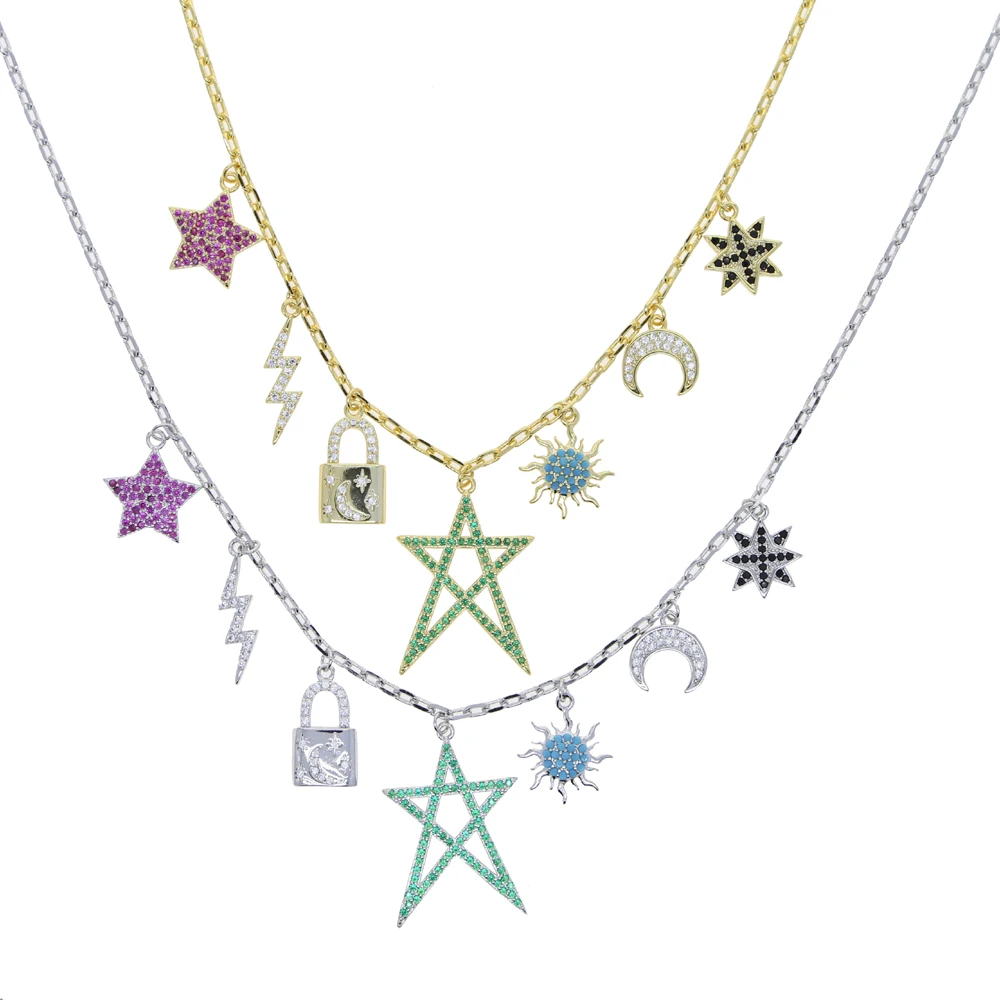 Lady Lightning Lock Charm Necklaces Paved Full Shiny CZ with Tiny Star Moon Pendant for Cute Girl Fine Jewelry