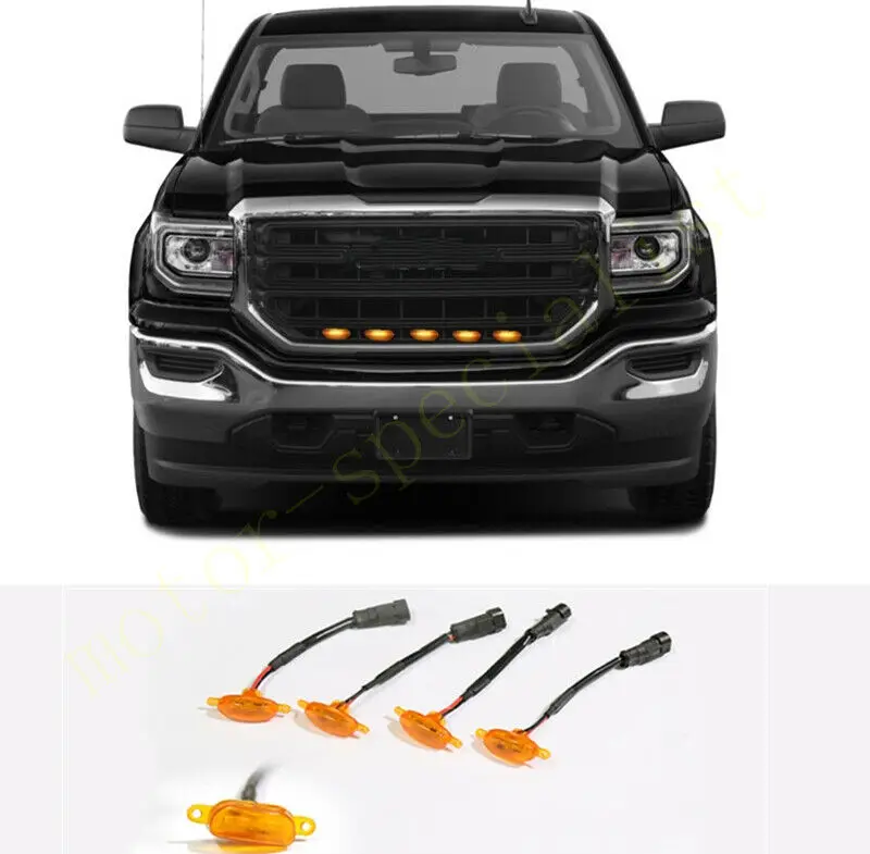 5PCS LED Car Front Grille LED Amber Light Raptor Style Light Kit Decor W/ Wire Speed For GMC Sierra 1500 2014-2018