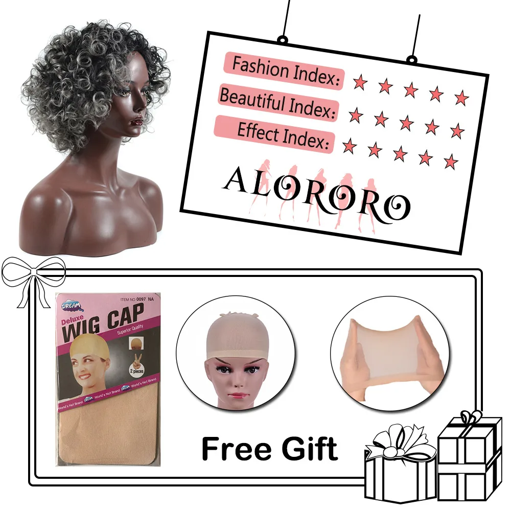 Alororo Afro Short Wig Grey Black Mixed Color Kinky Curly Synthetic Wig 12inch Dark Blonde Hair Wigs for Women Party and Daily