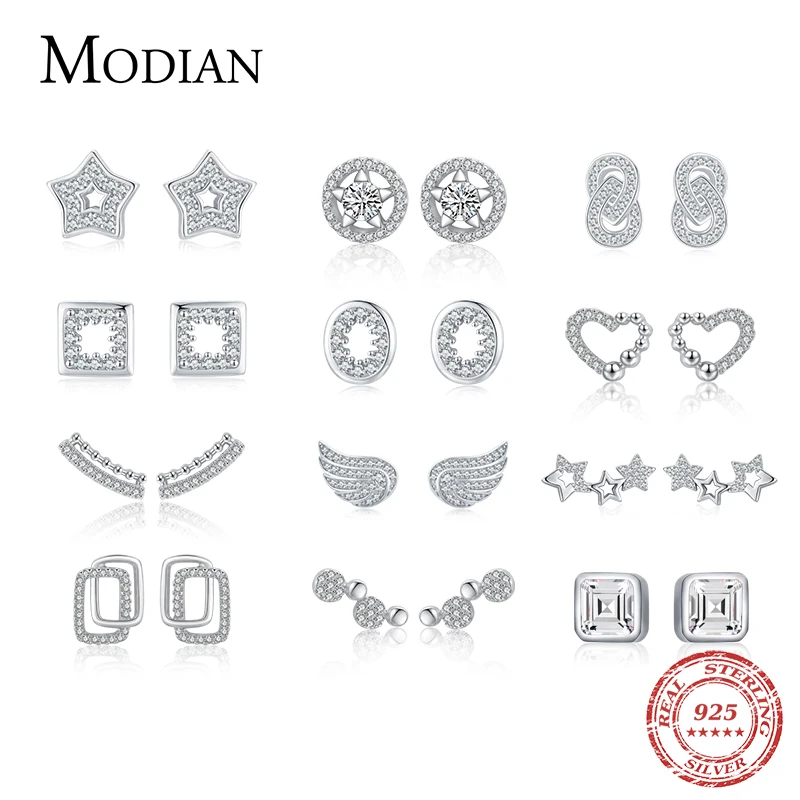 Modian New Real 925 Sterling Silver Fashion Luxury Heart Stars Circle Stud Earrings For Women Charm Wedding Fine Jewelry Brincos