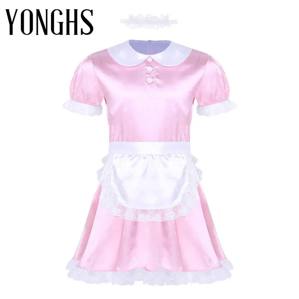 3Pcs Mens Sissy Girl Maid Dress Uniform Costume Doll Neck Short Sleeve Satin Dress with Headband and Apron for Cosplay Role Play