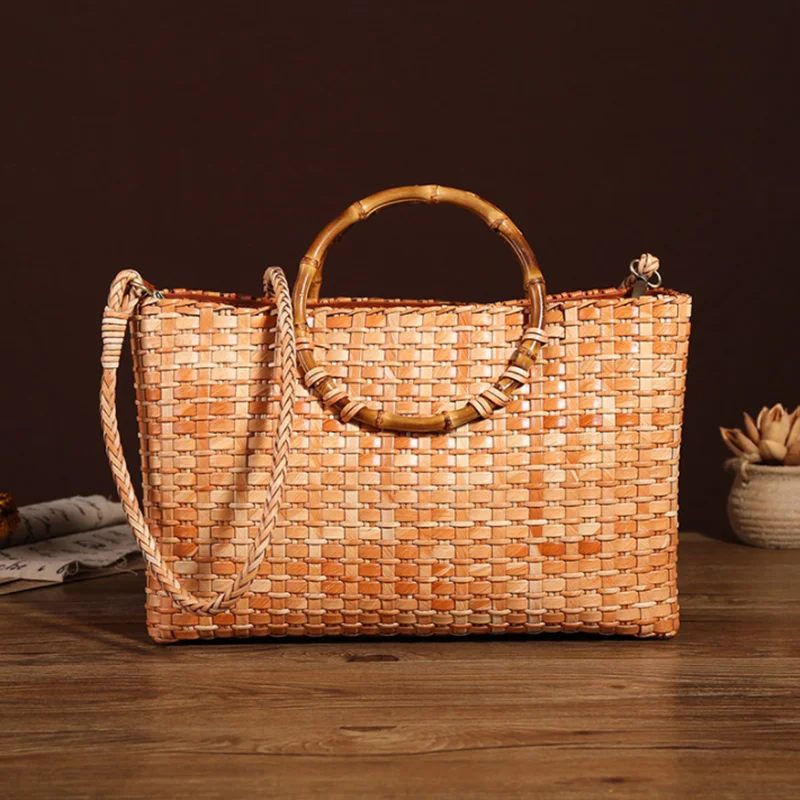 

Genuine leather hand-woven bag women retro bamboo handle woven bag French Casual Tote Purse Cowhide Cross Shoulder Bags