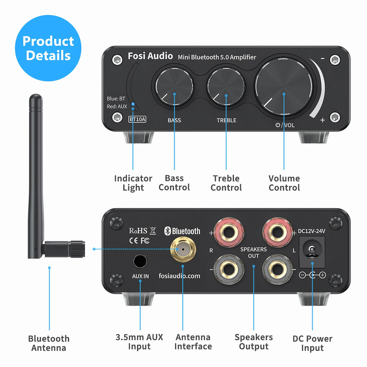 Fosi Audio BT10A Mini-Bluetooth-Verstärker, 2-Kanal-Verstärker für Heimlautsprecher, Höhen- und Bässe, HiFi-Stereo-Sound-Verstärker, 50 W x 2 – Detail 10