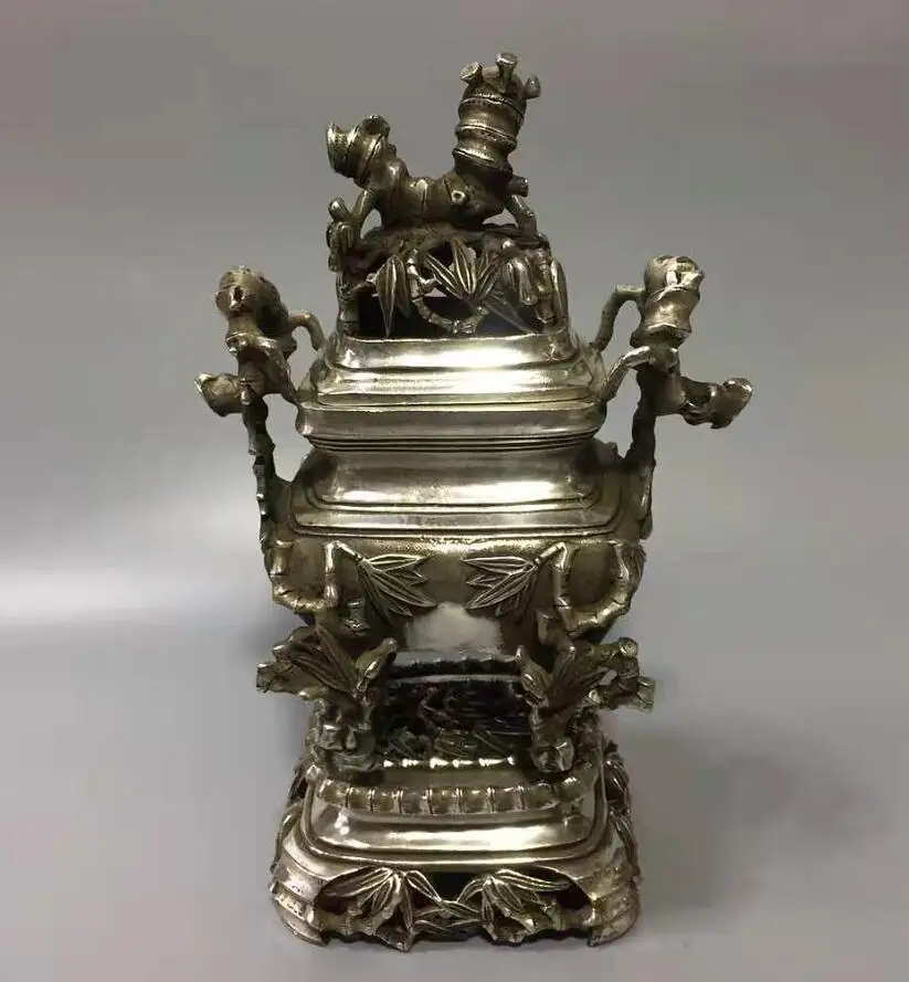 Chinese White copper bamboo incense furnace crafts statue