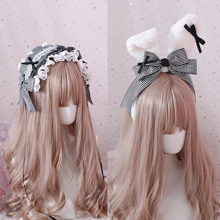 Lolita hair band Alice hand made small objects black and white grid hair with rabbit ears kc side clip sleeves