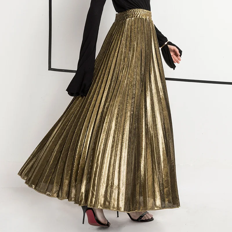 Check Skirt Pleated Maxi Skirt High Waist Harajuku Large Swing Gold Long Skirts For Women  XXL Saias