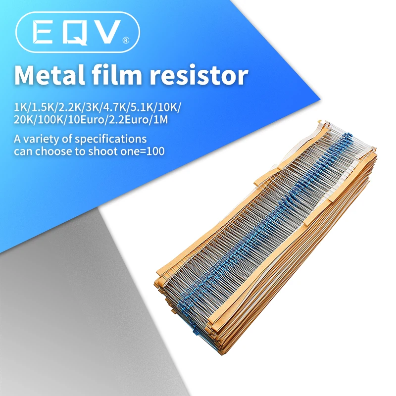 100PCS DIY Metal film resistor 1/4W series 1R~2.2M 1% resistance 10K 22K 47K 100K 10 220 1K5 100R 220R 1K 1.5K 2.2K 4.7K 4K7 ohm