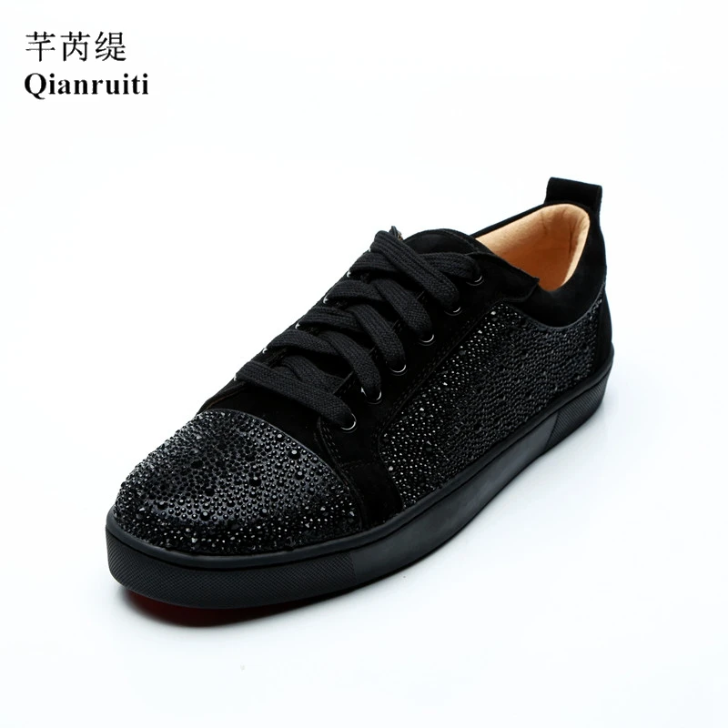 Zapatos informales de ante para hombre, zapatillas bajas de moda con diamantes de imitación, cristal plano, punta redonda, con cordones, calzado de pasarela, color negro