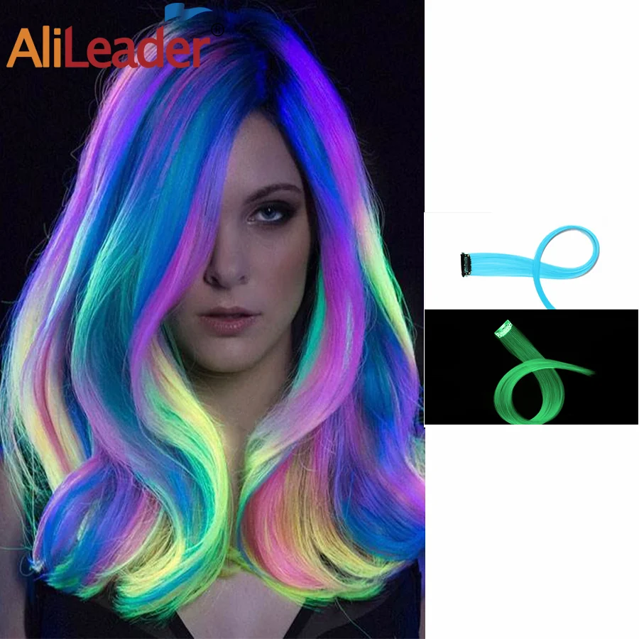 Alileader-Extensão De Cabelo Brilhante Sintético, 1 Clipe, 20 Polegadas, Cabelo Brilhante no Escuro, Amarelo, Branco, Azul, Rosa