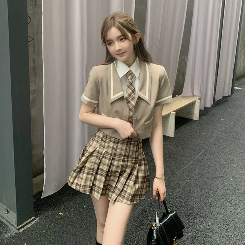 Japanese Style Jk Uniform Suit Jacket Plaid Fashion Shirt Suit College Style High Waist Tie Kawaii Skirt 2022 Summer New