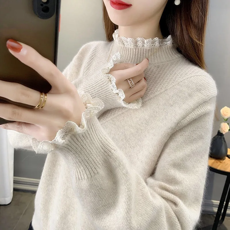 

New Half High Collar Lace Sweaters Women 2021 Fashion Autumn Full Sleeve Casual Solid Big Size Knit Pullovers Women Winter Tops