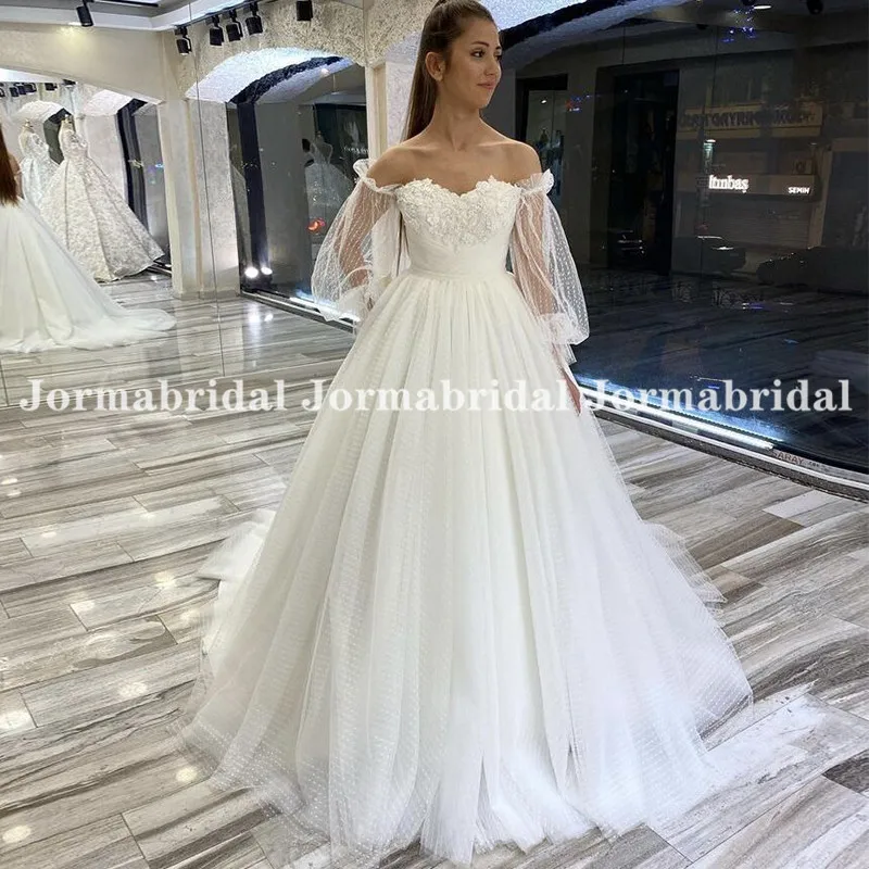 Off Shoulder Wedding Dresses With Puff Sleeve Applique Polka Dot Tulle Ball Gown Bride Dress 2021 Lace Up Back vestido de novia