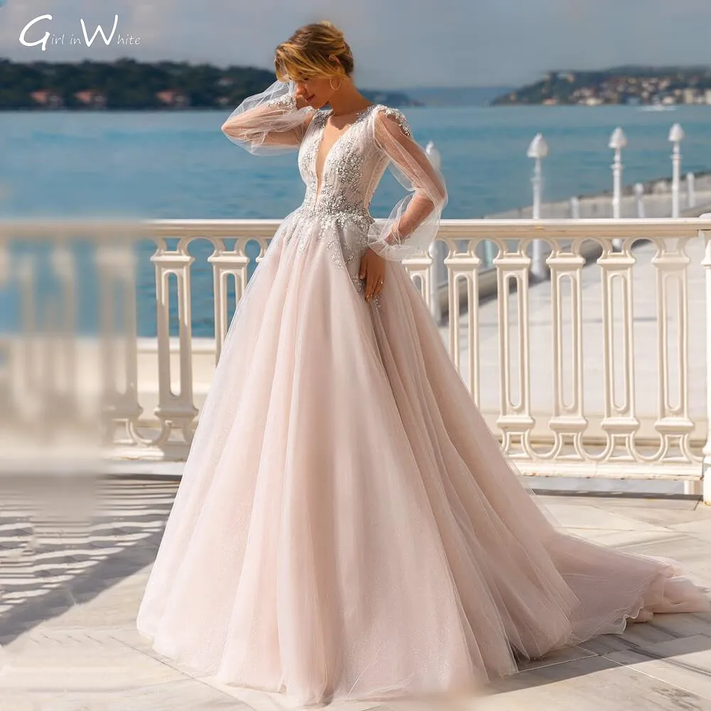 Off białe eleganckie koronkowe suknie ślubne pełna rękaw suknie ślubne z cekinami Vestido De Novia linia głębokie V Neck robe de mariée