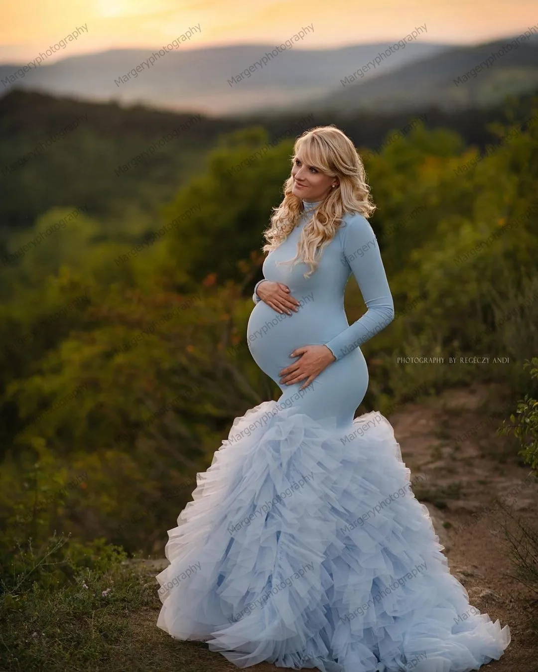 Modest Sky Blue Tulle Mermaid Maternity Dresses To Photography Elegant High Neck Long Tulle Robe Women Dresses Night Gowns