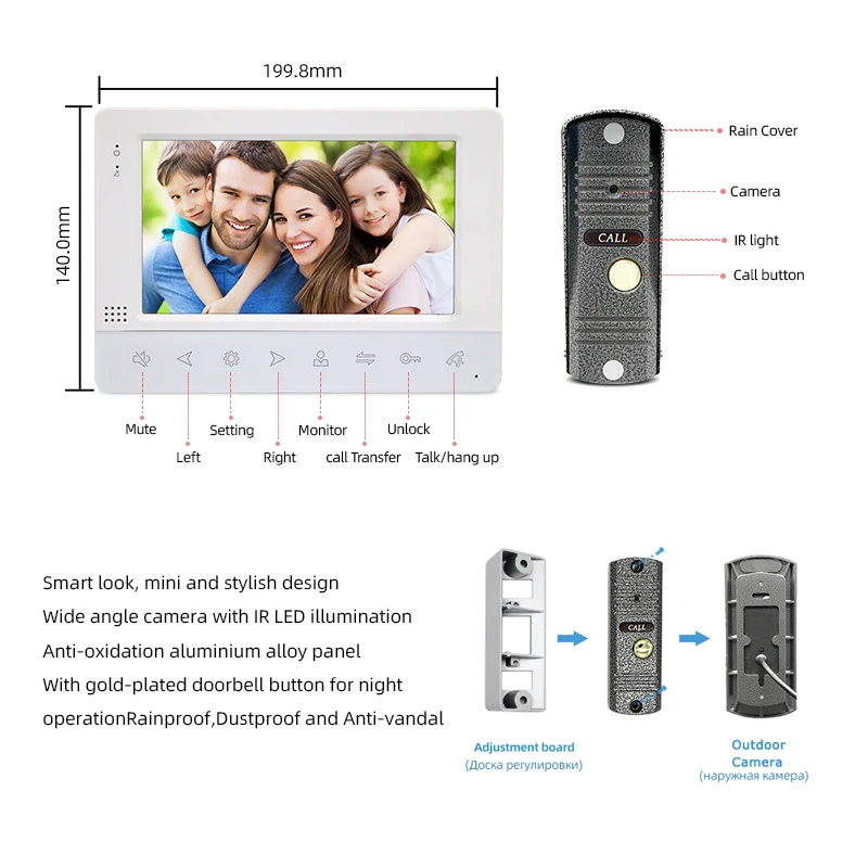 Video porteiro para apartamento, porta vídeo, câmera do telefone, 7 no monitor, suporte de desbloqueio de uma tecla, detecção de movimento, 1200TVL, novo