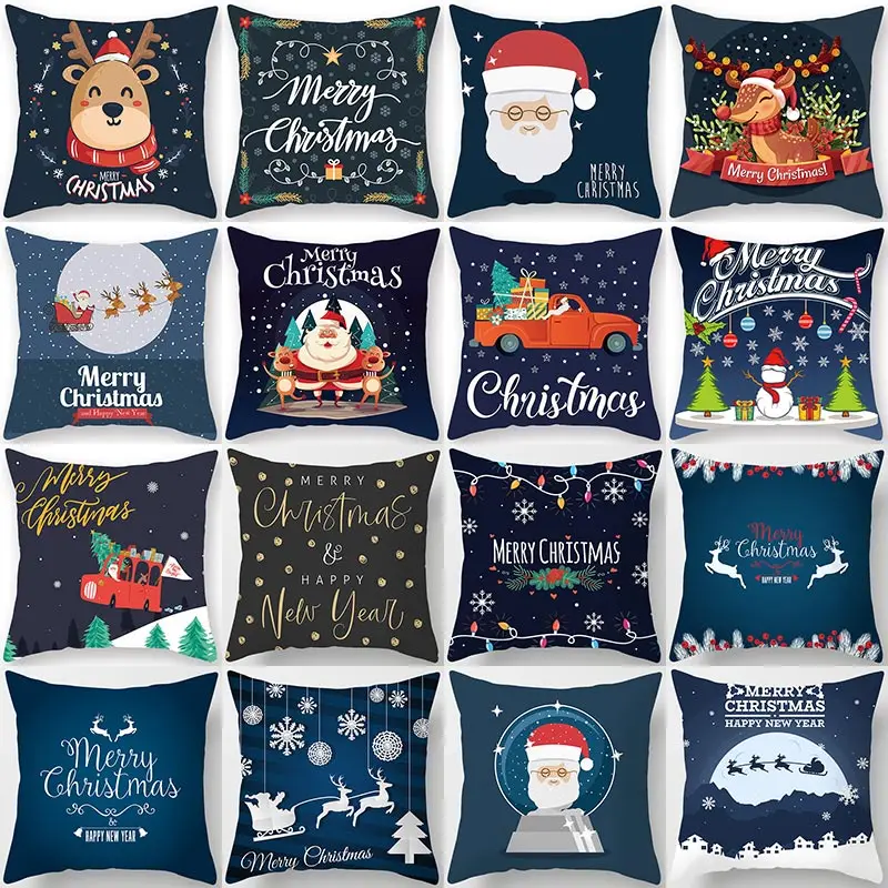 1Pcs Blue Christmas Tree Deer Santa Claus Pattern 45*45cm Polyester Cushion Cover Decorative Sofa Home Decor Pillowcover 40987