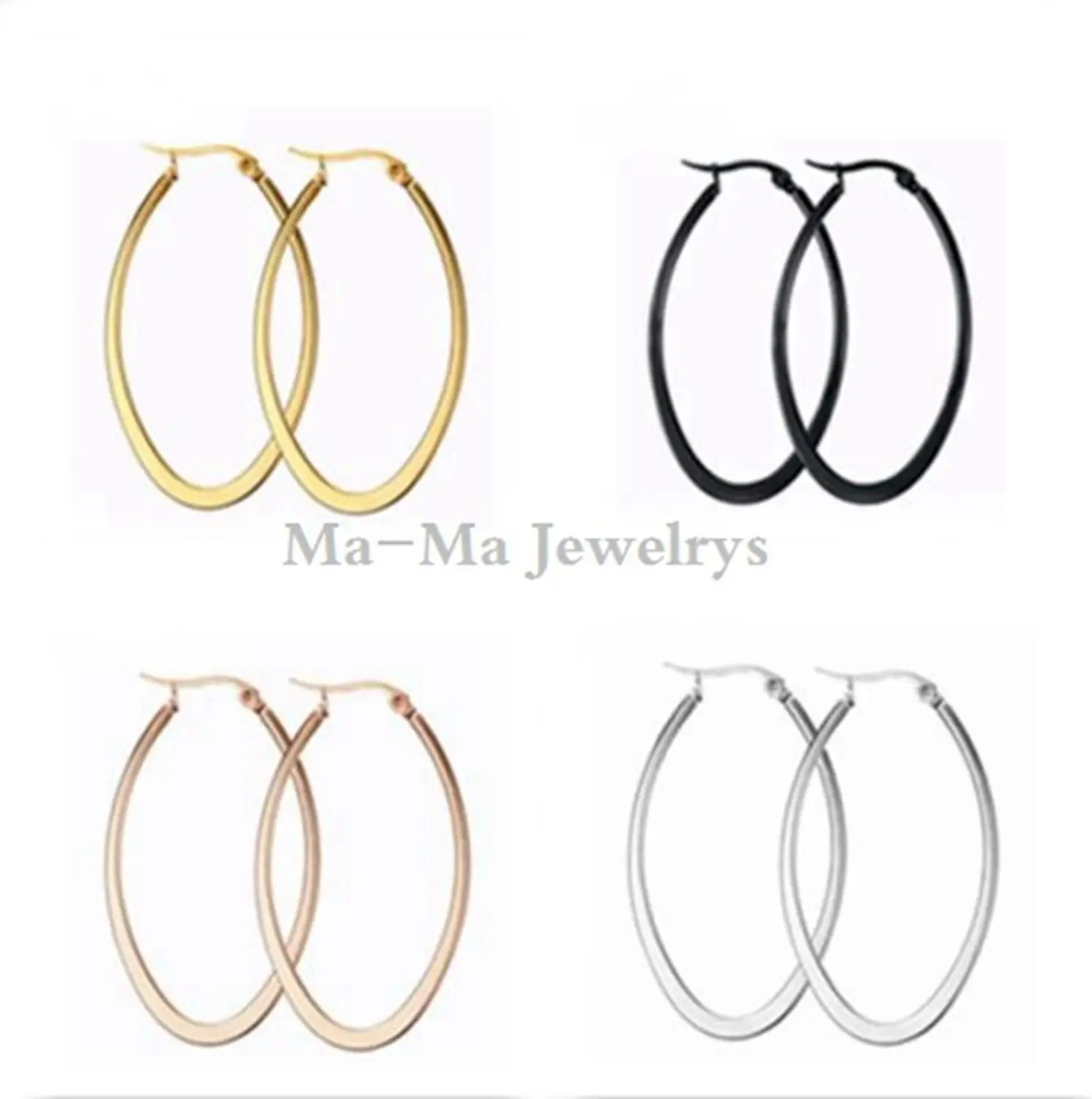 1 Pair Trendy Women's Girls Jewelry Rose Gold Black Plated Stainless Steel Oval Circle Hoop Dangle Earrings