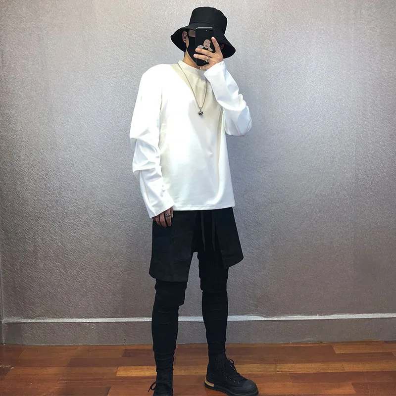 Autumn original new men's loose  tide brand simple pure color personality fold stand collar non-iron bottoming shirt tide