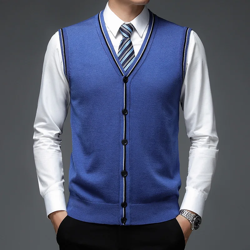 

New Men's Buttons Up Knitwear Spring & Autumn V-Neck Sleeveless Wool Sweater Casual Male Vest Knit Cardigan