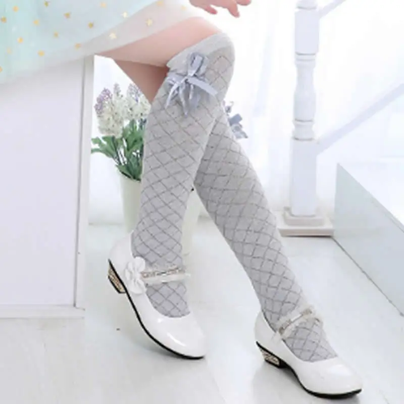 Children Spring Autumn Tube Socks Rhombus Lattice Girl Princess Socks 100% Cotton Knee Above Long Socks Cotton Lace Bowknot Slim