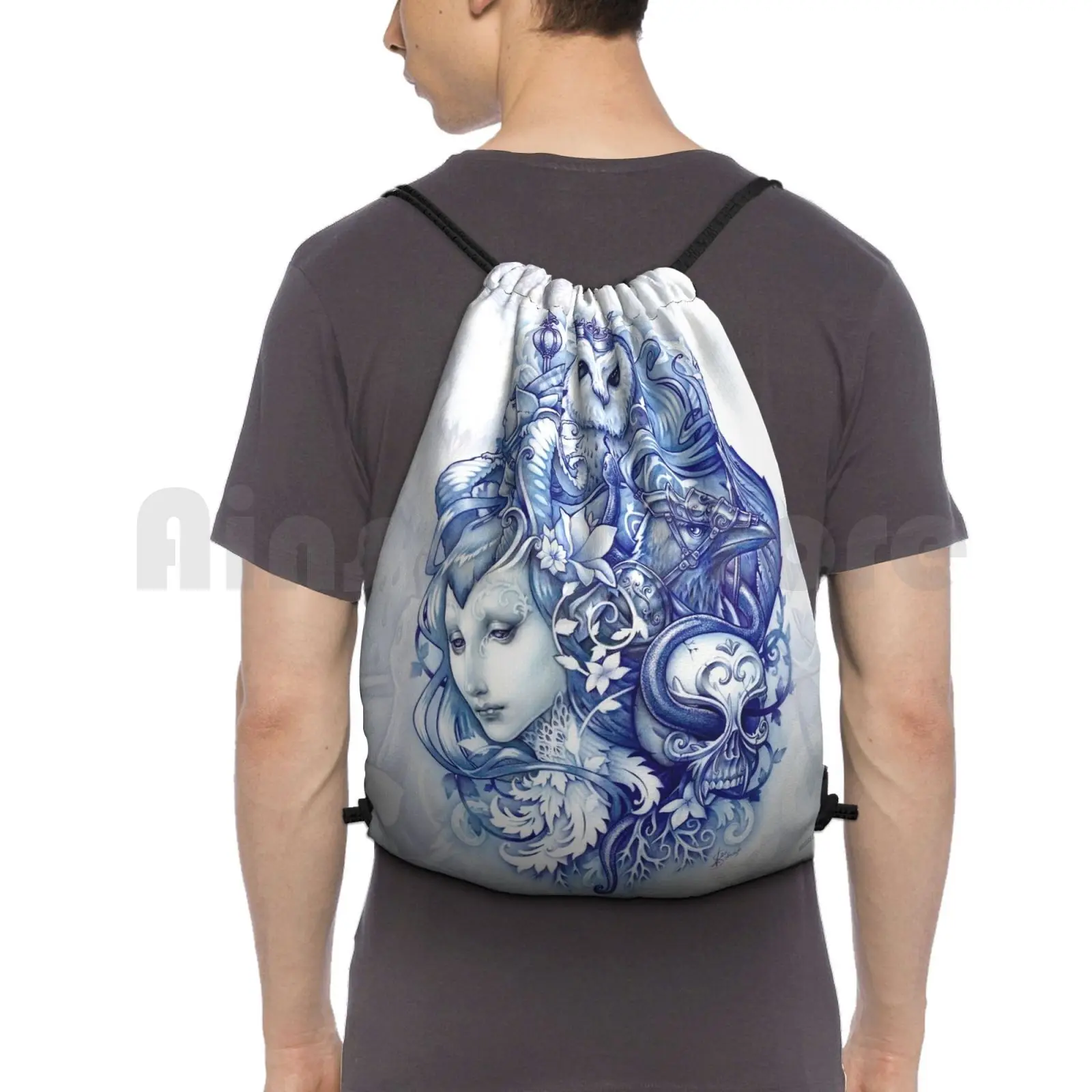 

Fables Backpack Drawstring Bag Riding Climbing Gym Bag Fables Animals Tale Story Elf Elven Owl Mouse Crow Traditional Tattoo