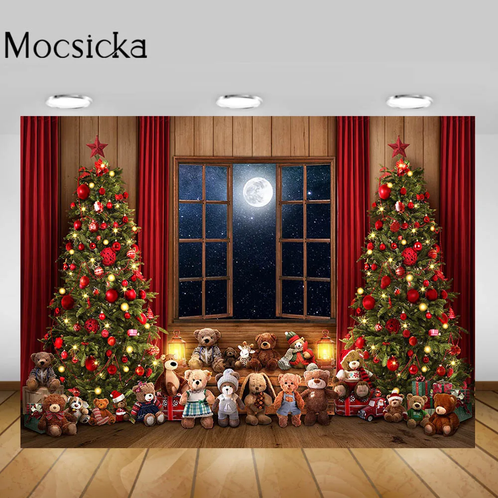 Mocsicka คริสต์มาสฉากหลังพื้นไม้อิฐผนัง Xmas Tree หน้าต่างเตาผิงภาพพื้นหลังเด็กถ่ายภาพบุคคลตุ๊กตาของเล่น