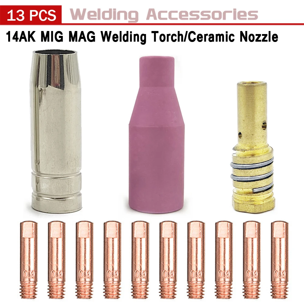

13Pcs/Set 14AK MIG Welding Torch Consumables Contact Tips Gas Ceramic Nozzles Diffuser for EU Style 14AK Welding Torch